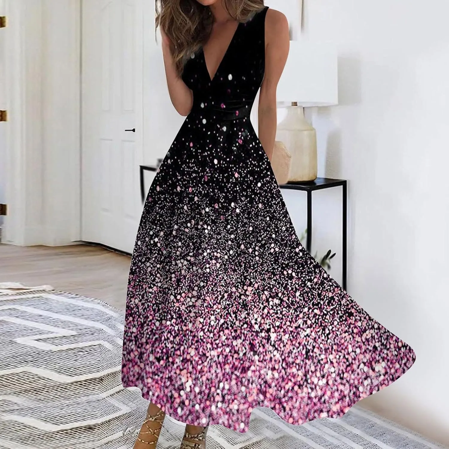 Womens Dresses Floral Print Wrap V Neck Sundresses Flowy Ruched Sleeveless Boho Dress Spring Beach Dress