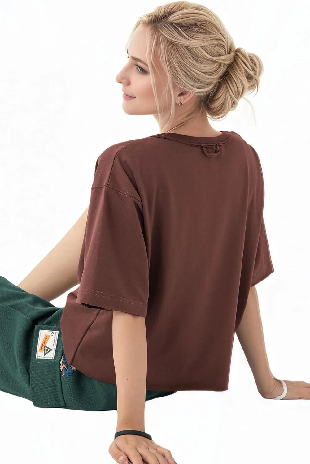 Women's Oversize Workout Crop Tops Casual Short Sleeve Drop Shoulder Boxy T-Shirts Roll Hem Basic Loose for 2025