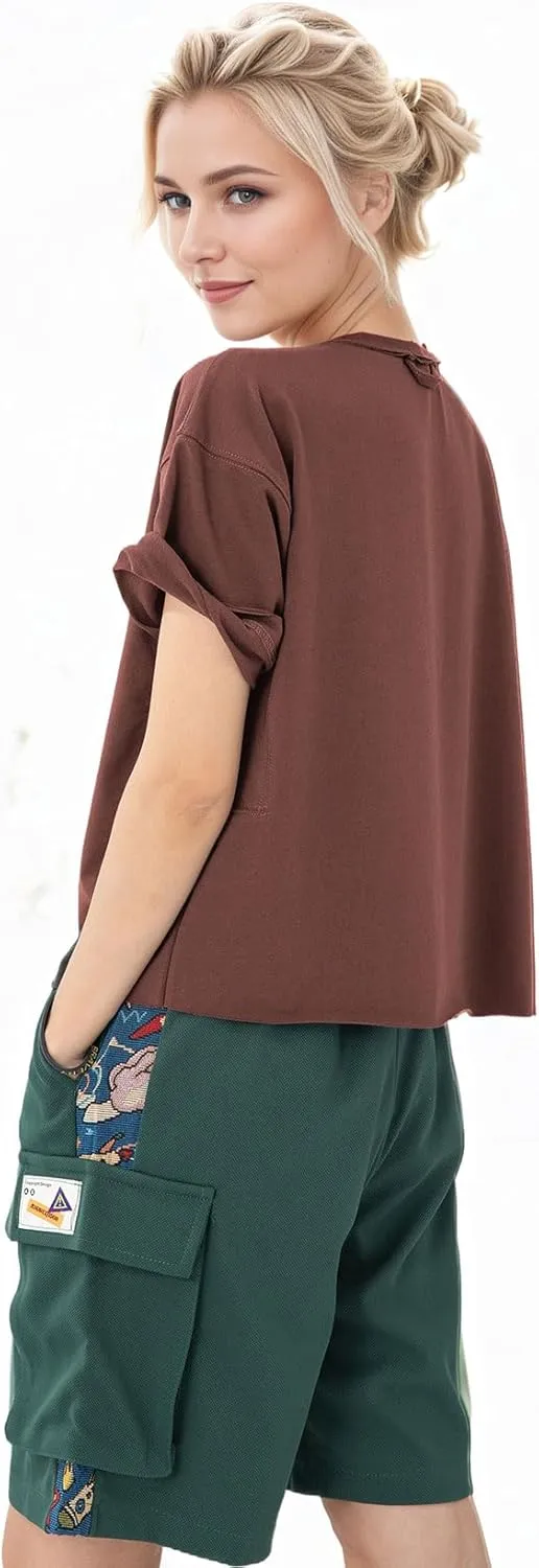 Women's Oversize Workout Crop Tops Casual Short Sleeve Drop Shoulder Boxy T-Shirts Roll Hem Basic Loose for 2025