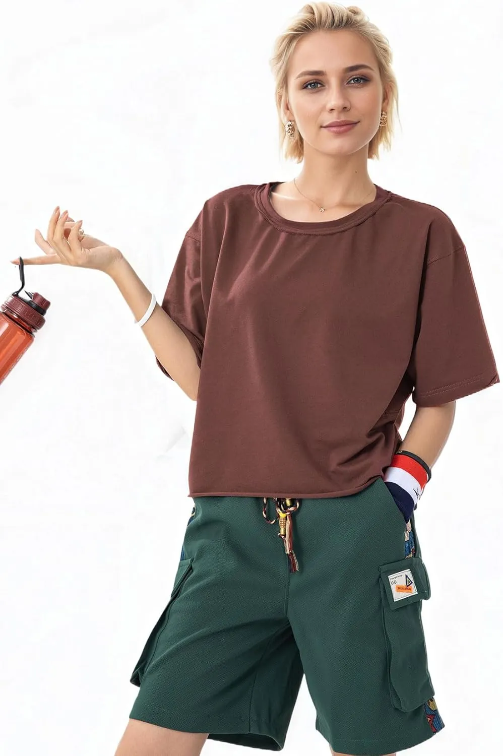 Women's Oversize Workout Crop Tops Casual Short Sleeve Drop Shoulder Boxy T-Shirts Roll Hem Basic Loose for 2025