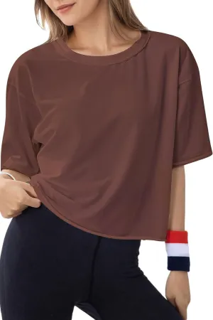 Women's Oversize Workout Crop Tops Casual Short Sleeve Drop Shoulder Boxy T-Shirts Roll Hem Basic Loose for 2025