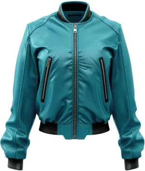 Womens Turquoise Blue Genuine Sheepskin Baseball Collar Oversized Baggy Sporty Uniform Casual Bomber Leather Jacket