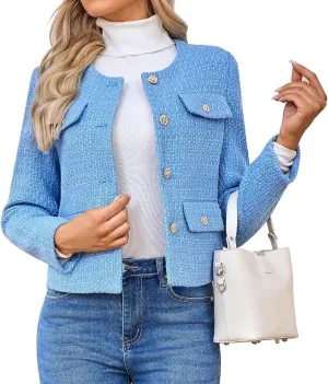 Women's Tweed Jacket Cropped Blazers Spring Summer Round Neck Business Work Office Plaid Jacket