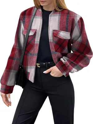 Zeagoo Womens Cropped Jacket Stand Collar Long Sleeve Zip Up Shackets Bomber Jacket Coats with Pockets