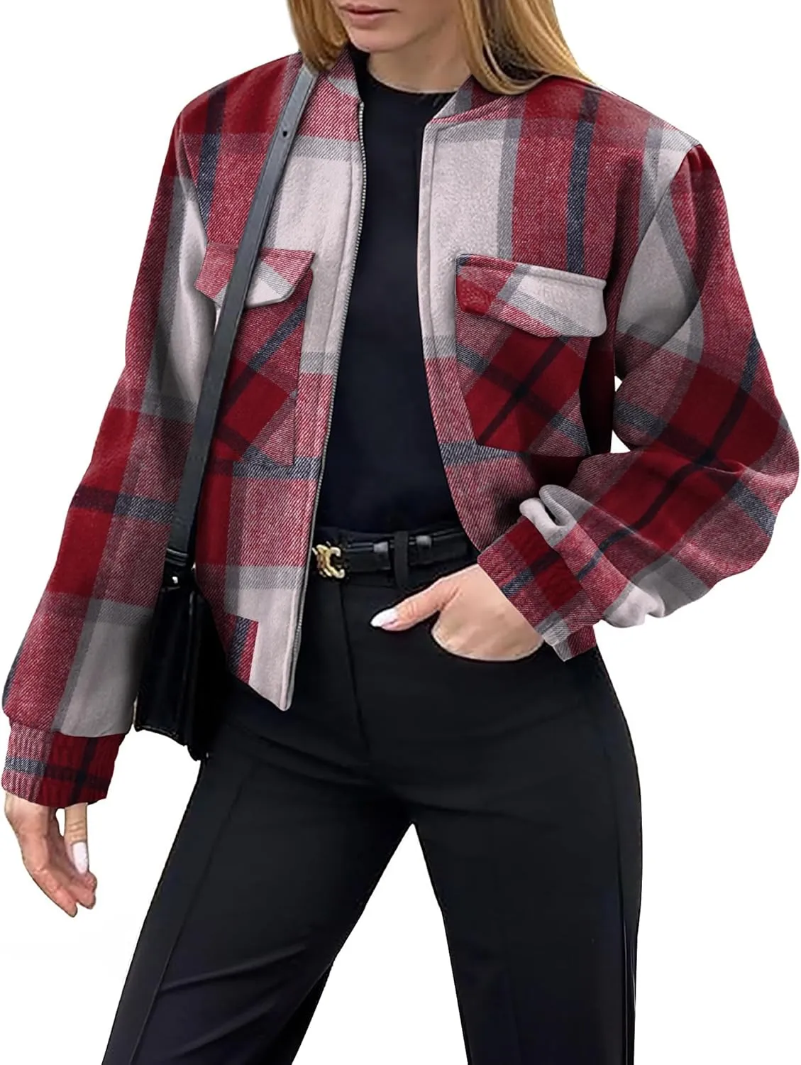 Zeagoo Womens Cropped Jacket Stand Collar Long Sleeve Zip Up Shackets Bomber Jacket Coats with Pockets