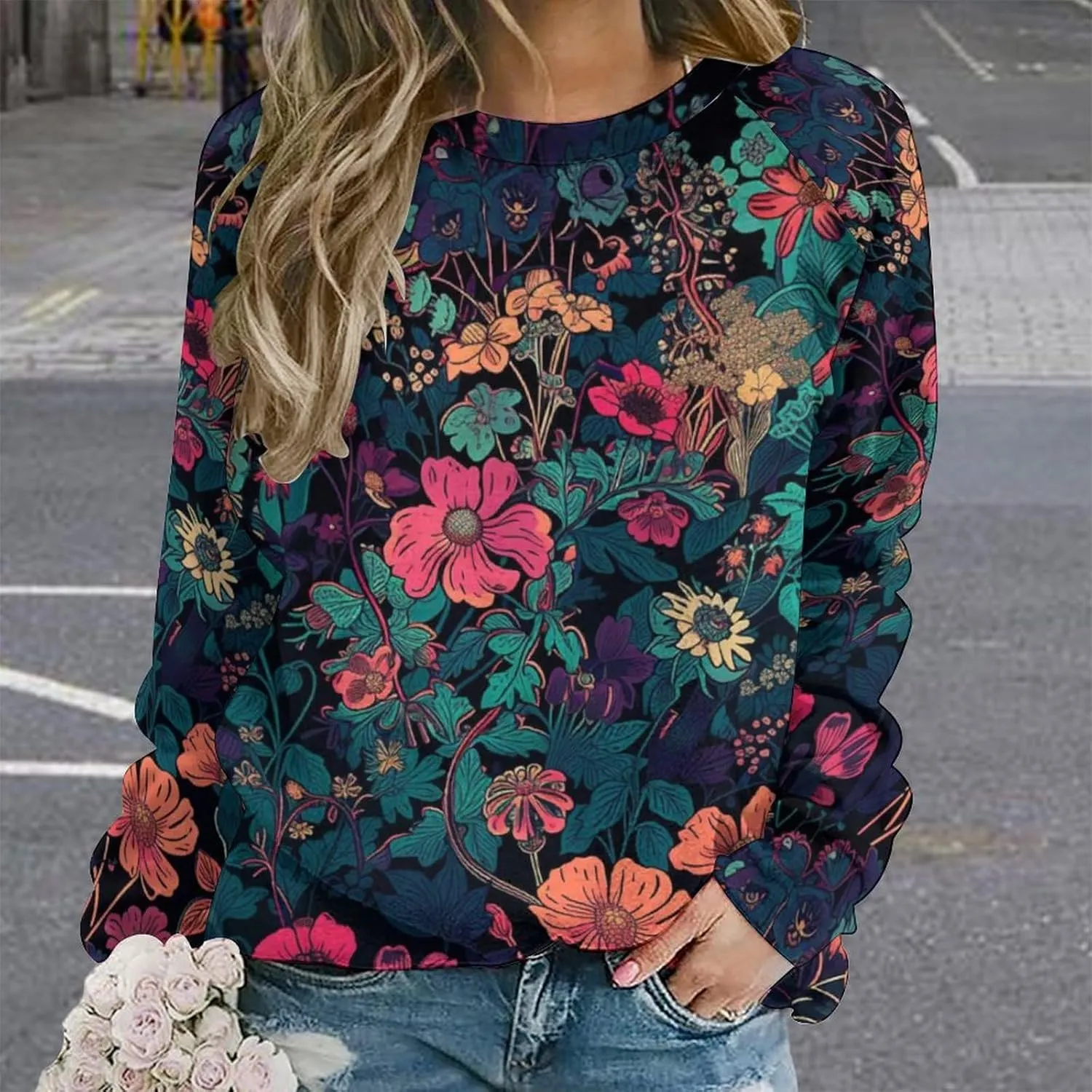 ZOCAVIA Floral Sweatshirts for Women Fall Fashion Oil Painting Flower Graphic Pullover Tops Crewneck Long Sleeve Y2K T Shirts