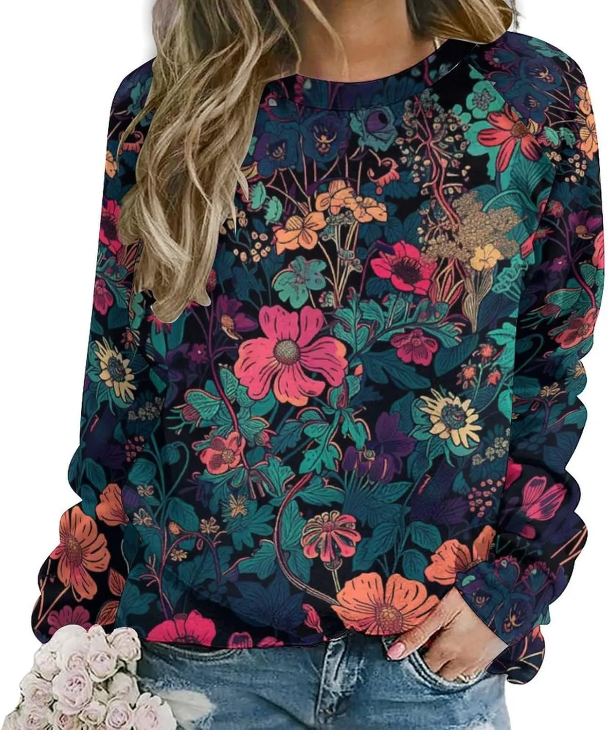 ZOCAVIA Floral Sweatshirts for Women Fall Fashion Oil Painting Flower Graphic Pullover Tops Crewneck Long Sleeve Y2K T Shirts
